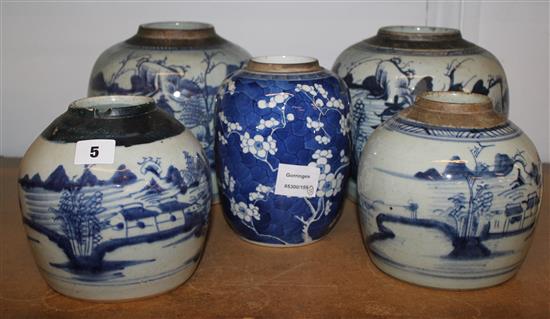 Five Chinese blue & white jars